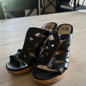 Sofft Haiku Black Leather Wedge Sandals